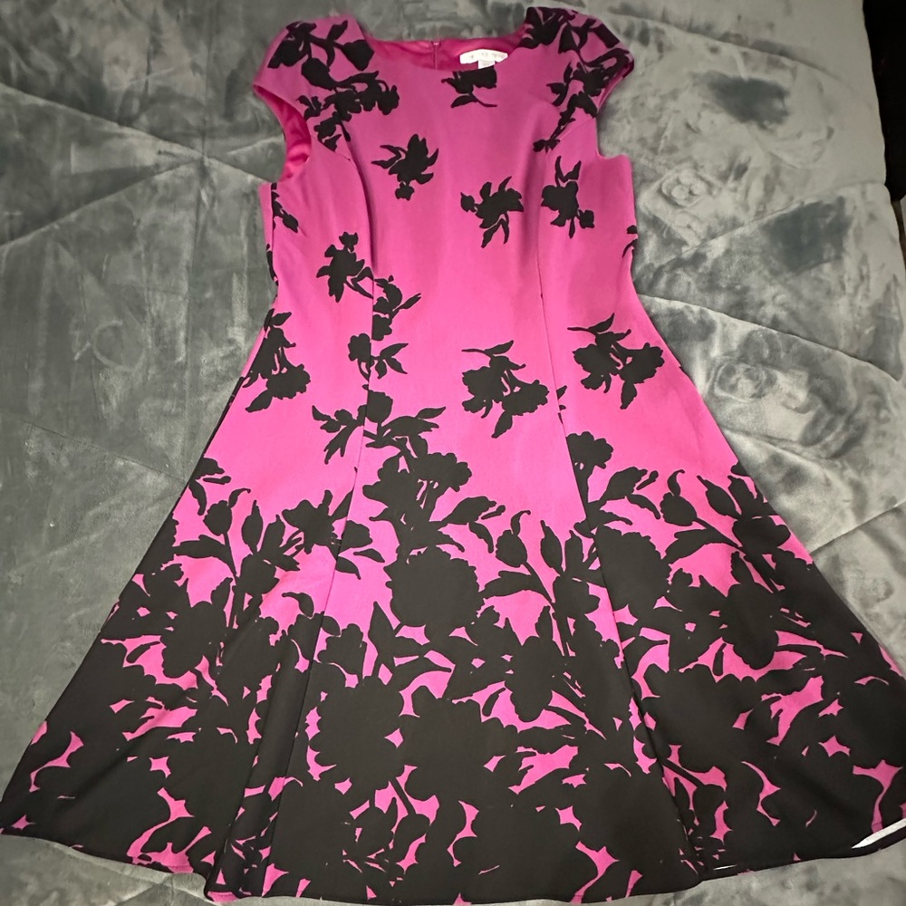 Fuchsia with Black Floral Print London Times Dress - Size 10